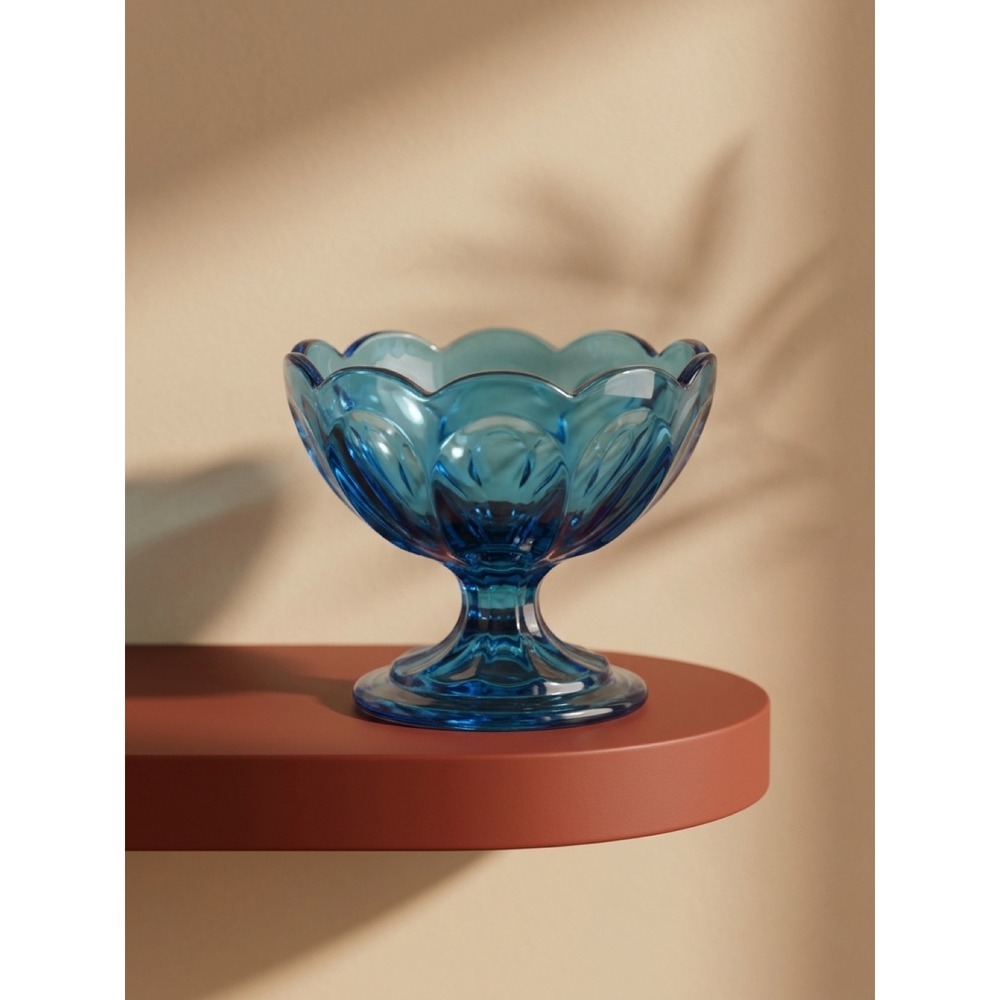 Vintage Blue Glass Compote Pedestal Dish Scalloped Thumbprint
